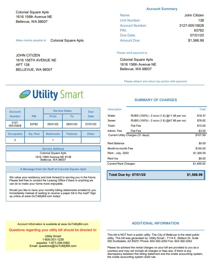 USA Arizona Utility Smart utility bill template in Word and PDF format (.doc and .pdf)